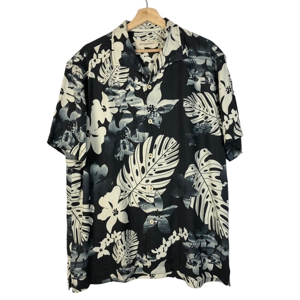 Tommy Bahama Black & White Hawaiian Aloha Floral Short Sleeve Button Down XL